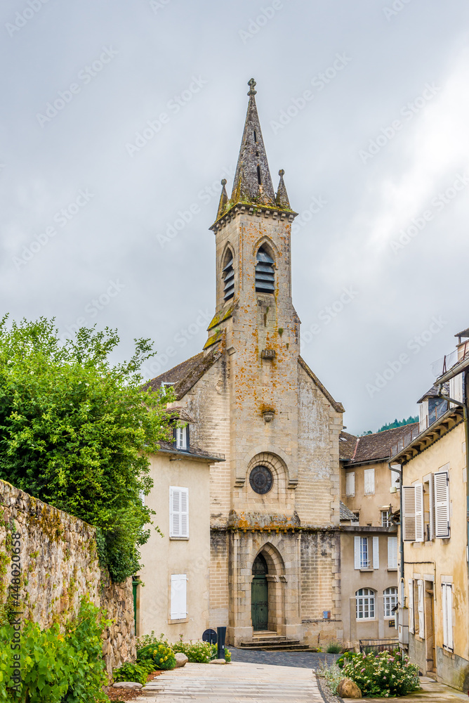 View at the Church in the streets of Argentat town - France