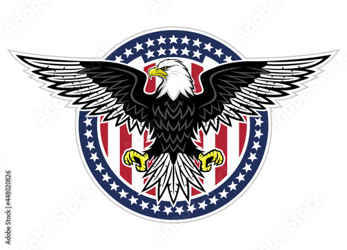 Round icon with bald eagle and stars on white background.