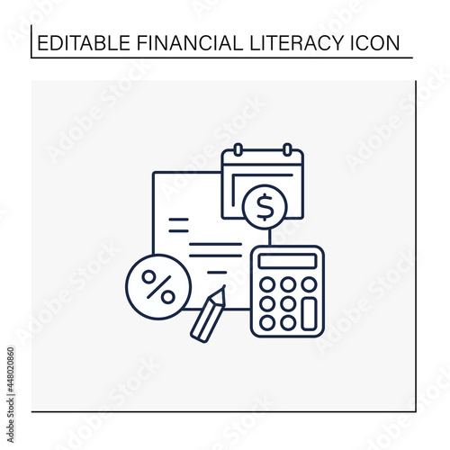 Budget plan line icon.Evaluating earnings and expenses. Accumulations. Financial plan for defined period, storm future goals.Financial literacy concept. Isolated vector illustration. Editable stroke