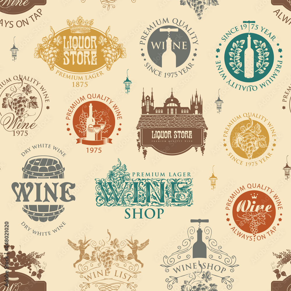 Seamless pattern on a theme of wine and liquor stores. Colored vector background with wine labels, logos, signs on a light backdrop in retro style. Suitable for Wallpaper, wrapping paper, fabric