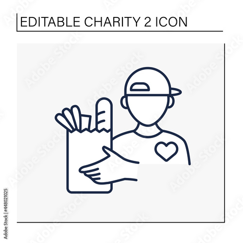 Volunteer line icon. Kind person help people. Man giving grocery bag with food.Help and support. Charity concept. Isolated vector illustration. Editable stroke