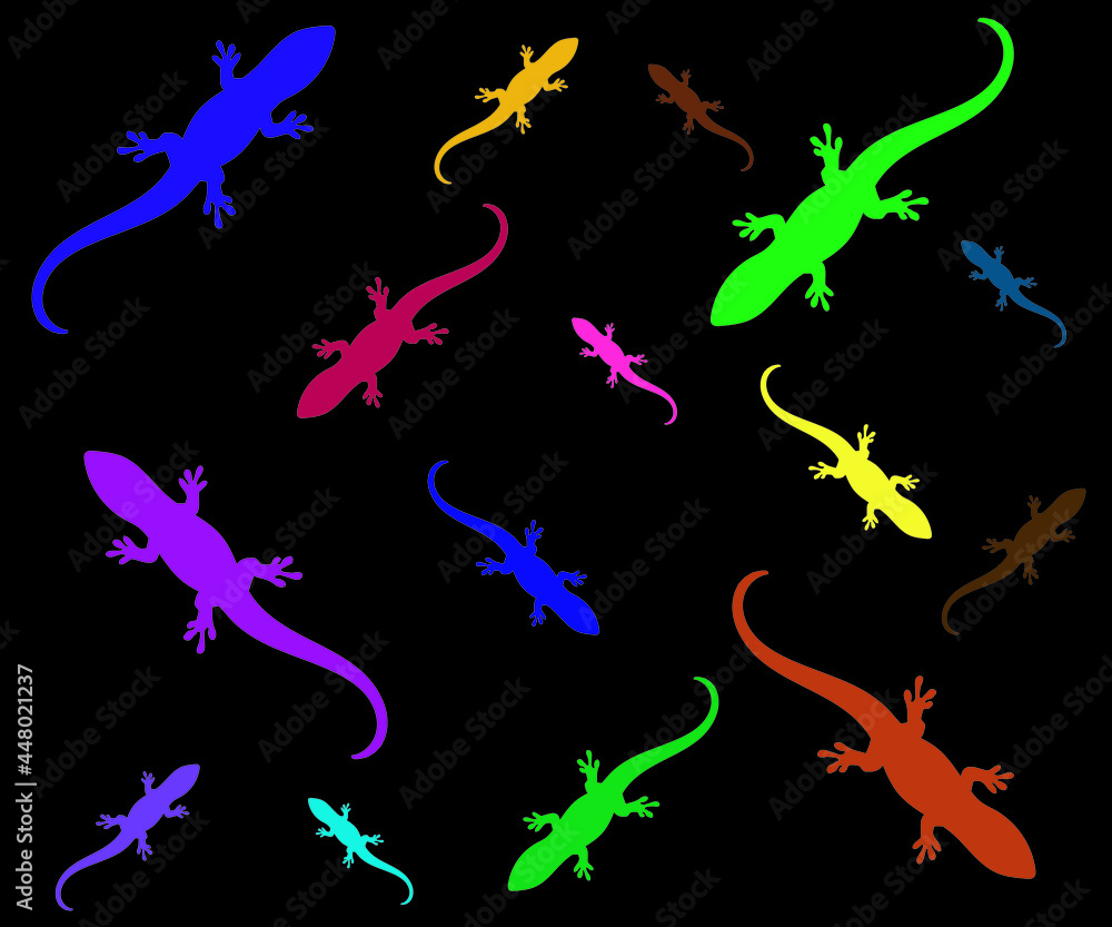 a pattern of multicolored lizards on a black background