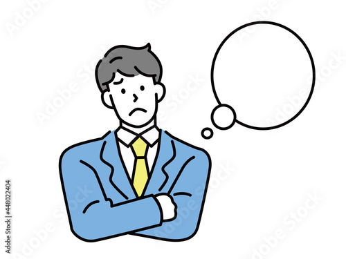 悩む男性のイラスト(困る、悩み、考える、問題、不安、調べる、困惑、疑問、解決、？) Confused man thinking together. People with question marks vector illustration. Man and woman with question, thinking guy