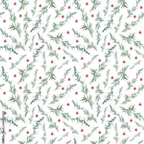 Lingonberry watercolor seamless pattern on white background.Bright fall,Christmas minimalist prints with cranberries.Designs for wrapping paper,scrapbook paper,packaging,social media,textiles,fabric. © Мария Минина