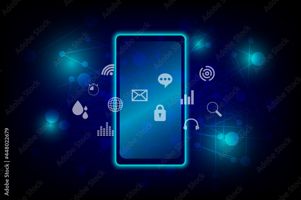 Business and technology concept. Blue glowing of smartphone or mobile with white application icon on the screen with line network and connection on dark blue background. 