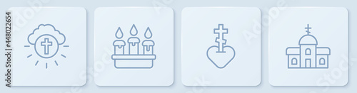Set line Religious cross in circle, heart, Burning candle candlestick and Church building. White square button. Vector