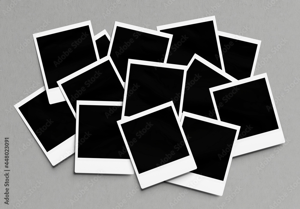 Stack of instant photos Mockup. Pile of retro photographs on concrete 3D rendering Stack of instant photos Mockup. Pile of retro photographs on concrete 3D rendering