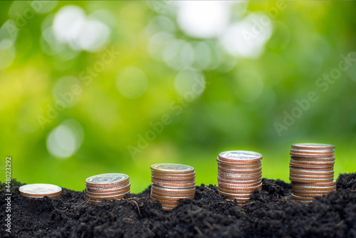 Saving money concept. Money lined up on the ground on green bokeh. Saving and investing money will grow in the future.