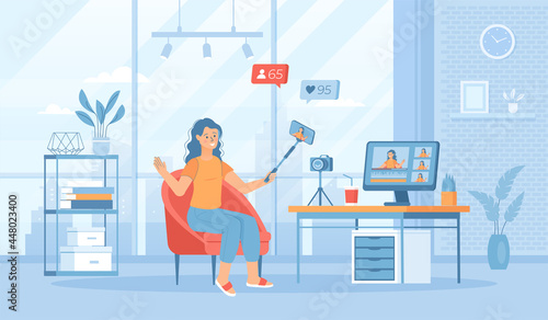 Video blogging, broadcasting, live streaming. Young woman shoots video on phone using selfie stick. Flat cartoon vector illustration with people characters for banner, website design or landing page.
