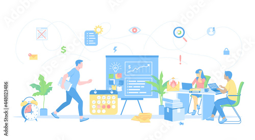Deadline Asap. Business team working in an office overtime. All in a hurry to complete the tasks. Stress and mess in the office. Vector illustration flat style.