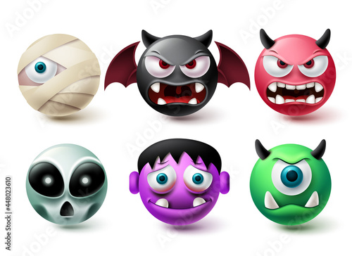 Smileys halloween emoji vector set. Smiley emojis horror character icon collection isolated in white background for graphic design elements. Vector illustration
