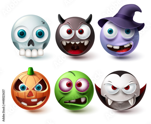 Smileys halloween emoji vector set. Smiley emojis horror character mascot collection isolated in white background for graphic design elements. Vector illustration
