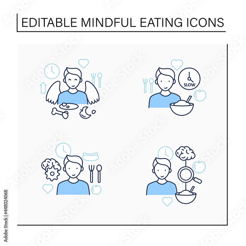 Mindful eating line icons set.Conscious, intuitive nutrition. Eating slowly, satisfied feeling.Mealtimes concept. Isolated vector illustration.Editable stroke