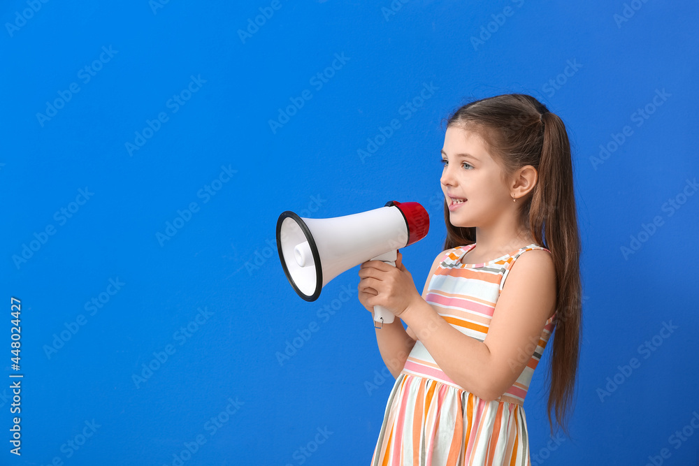 Little girl with megaphone training pronounce letters on color background Little girl with megaphone training pronounce letters on color background