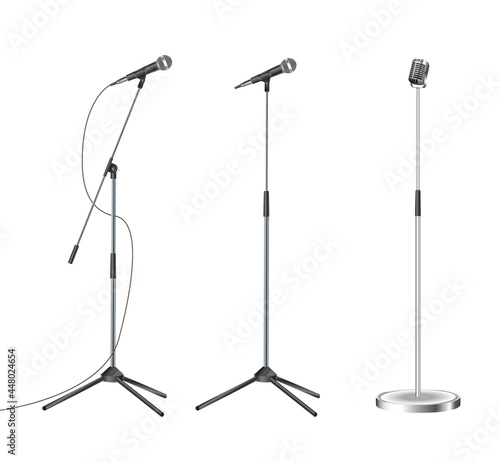 Stand with modern microphone on white background