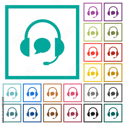 Call center with chat bubble solid flat color icons with quadrant frames