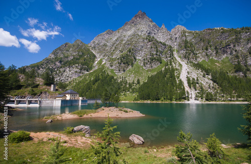 Panoramic view of view of Devero Lake an artificial basin made by a dam (Codelago), Piedmont, Italy photo