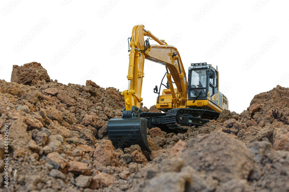 Excavator loader is digging in the construction site work isolated on white background Excavator loader is digging in the construction site work isolated on white background