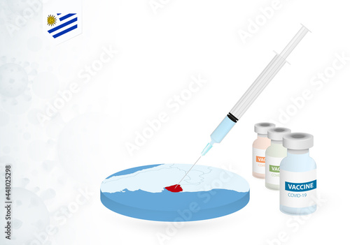 Vaccination in Uruguay with different type of COVID-19 vaccine. Сoncept with the vaccine injection in the map of Uruguay.