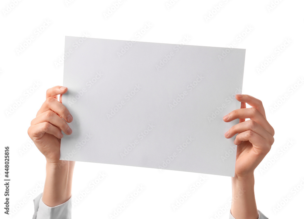 Woman holding blank sheet of paper on white background Woman holding blank sheet of paper on white background