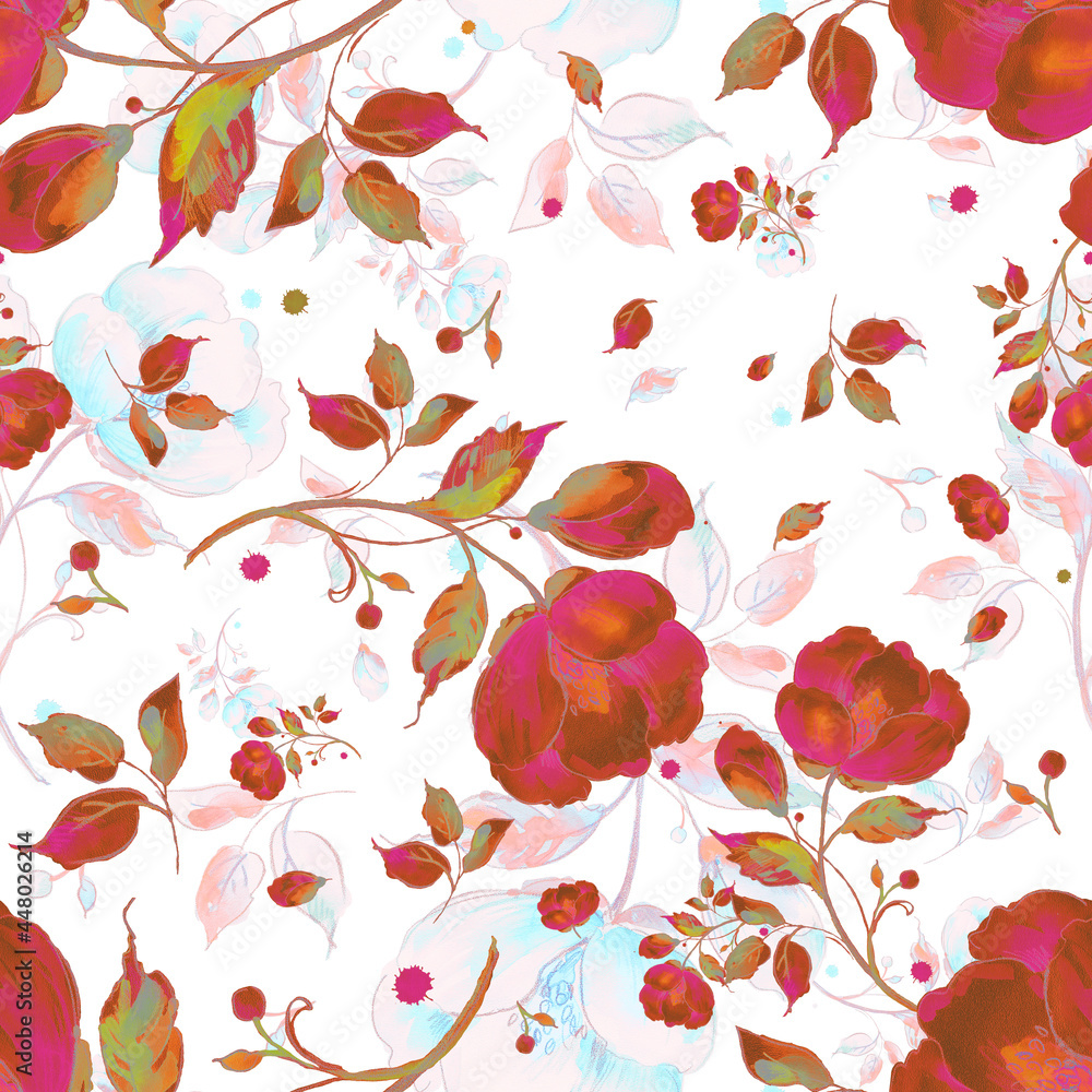 Fototapeta premium Watercolor seamless pattern of light flowers. Plain background. Beautiful print for decoration of textiles and design. Art drawing. Paints, paper, pencil, graphic, pastel.