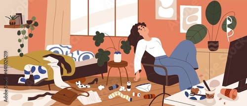 Lazy woman with mess around at home. Depressed sluggish person in dirty messy room. Concept of apathy, depression and psychological disorder. Flat vector illustration of untidy apartment with trash photo