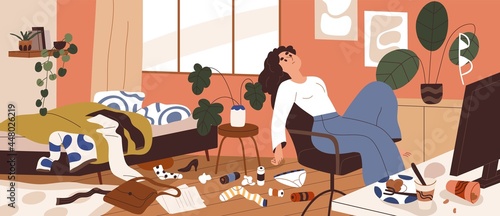 Lazy woman with mess around at home. Depressed sluggish person in dirty messy room. Concept of apathy, depression and psychological disorder. Flat vector illustration of untidy apartment with trash