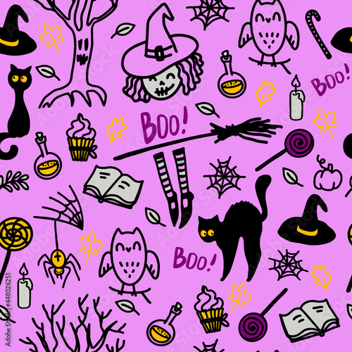 Cute vector seamless pattern for Halloween holiday. Doodle funny witches, cats and potions on a purple background. Web