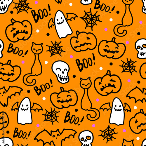 Cute vector seamless pattern for Halloween holiday. Doodle funny pumpkins, shards of cats and ghosts. Web