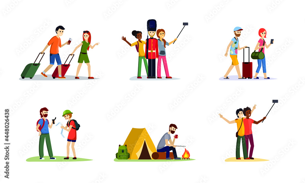 Tourist travel and hiking set. Man and woman walk with bags and tickets take selfie with british guardsman have lunch campfire near tent orienteer using map. Vector cartoon lifestyle.