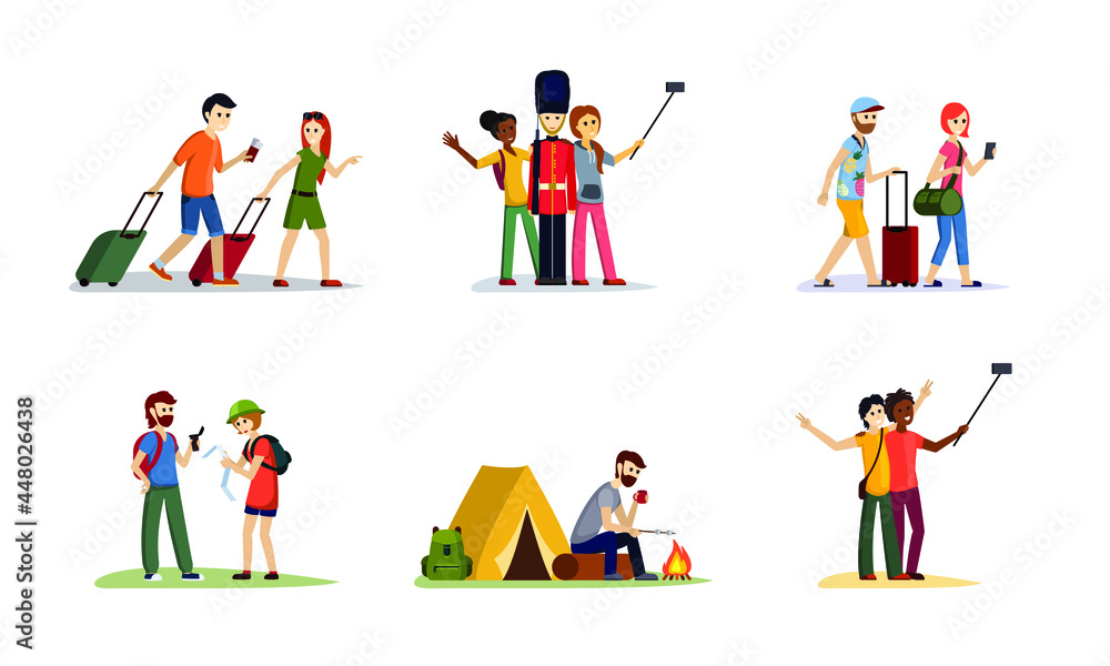 Fototapeta premium Tourist travel and hiking set. Man and woman walk with bags and tickets take selfie with british guardsman have lunch campfire near tent orienteer using map. Vector cartoon lifestyle.
