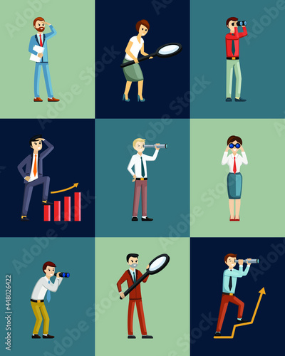 Businessmen with spyglass and binoculars look distance set. Character in suits with telescopes magnifying glass examine financial perspective man analyzes economy. Vector cartoon economy.