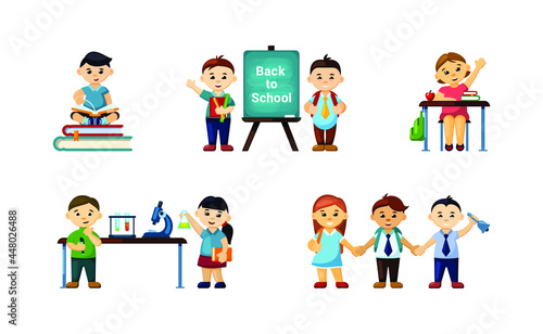 Children go back to school set. Little boys and girls happily sit their desks and conduct chemical experiments read new educational books and meet enthusiastic friends. Vector study.