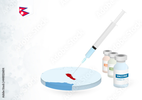 Vaccination in Nepal with different type of COVID-19 vaccine. Сoncept with the vaccine injection in the map of Nepal.