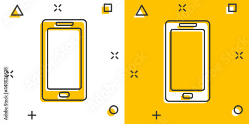 Cartoon smartphone icon in comic style. Mobile phone illustration pictogram. Smartphone splash business concept.
