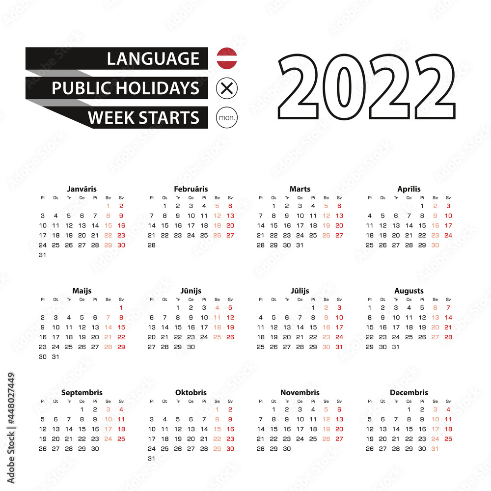 Calendar 2022 in Latvian language, week starts on Monday.