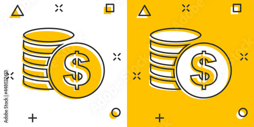 Cartoon money coins icon in comic style. Dollar coin sign illustration pictogram. Currency business concept.