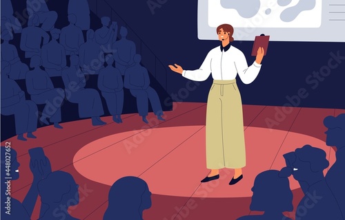 Confident speaker with microphone standing on stage before audience during presentation. Public speaking of young woman at conference. Speech of good successful lecturer. Flat vector illustration