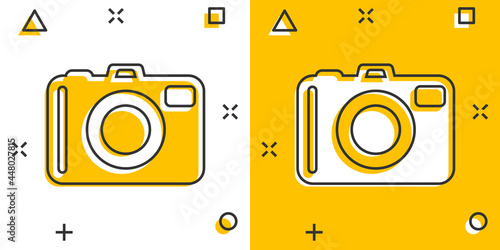 Vector cartoon photo camera icon in comic style. Photographer cam sign illustration pictogram. Camera business splash effect concept.