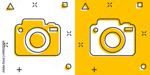 Vector cartoon photo camera icon in comic style. Photographer cam sign illustration pictogram. Camera business splash effect concept.
