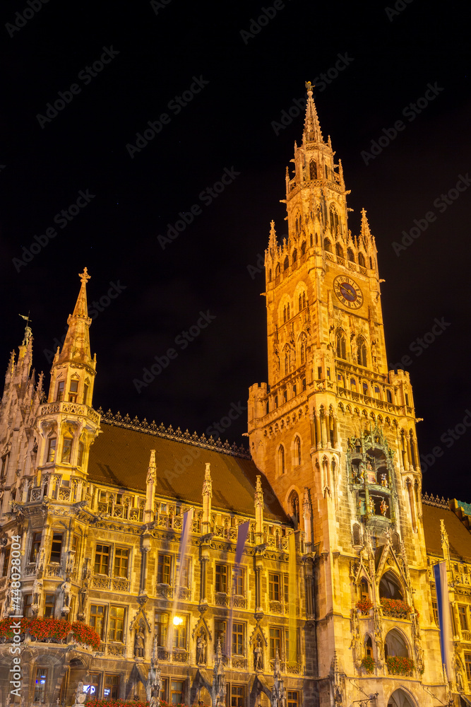 Neues Rathaus, the New Town Hall of Munich on a summer night