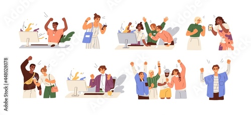 Set of happy lucky people celebrating success and victory. Concept of win, achievement and luck. Winners rejoicing their triumph. Colored flat graphic vector illustrations isolated on white background