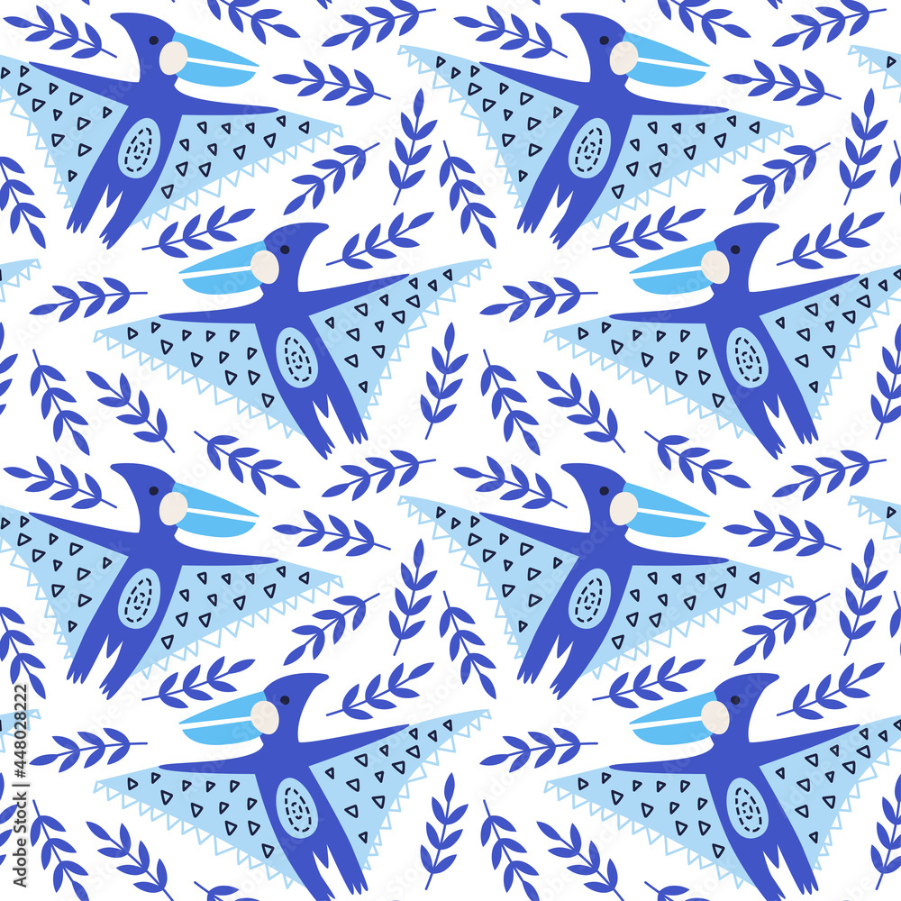 Vector illustration of seamless pattern with a dinosaur. Blue on a white background. For printing on fabric, on paper, for decorating a nursery, for wall decoration, digital. Hand-drawn style. Vector illustration of seamless pattern with a dinosaur. Blue on a white background. For printing on fabric, on paper, for decorating a nursery, for wall decoration, digital. Hand-drawn style.
