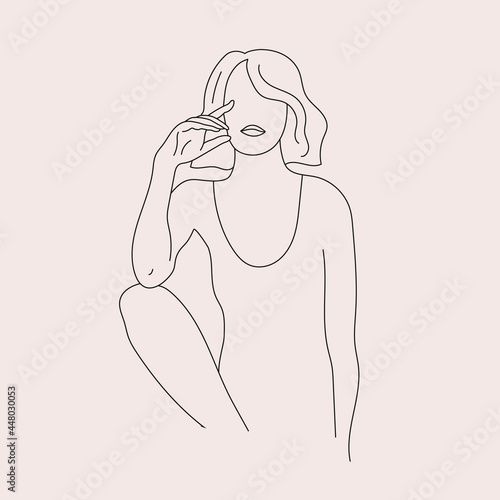 Vector minimalist style portrait. Line woman illustration, sitting, posing. Hand drawn abstract feminine print. Use for social net stories, beauty logos, poster illustration, card, t-shirt print. photo