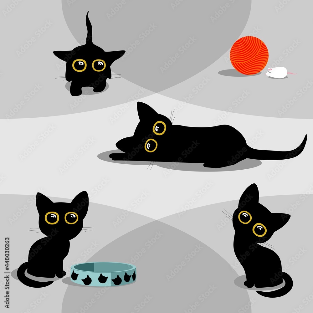 seamless pattern - cute, funny, cartoon character - kitten, vector, illustration