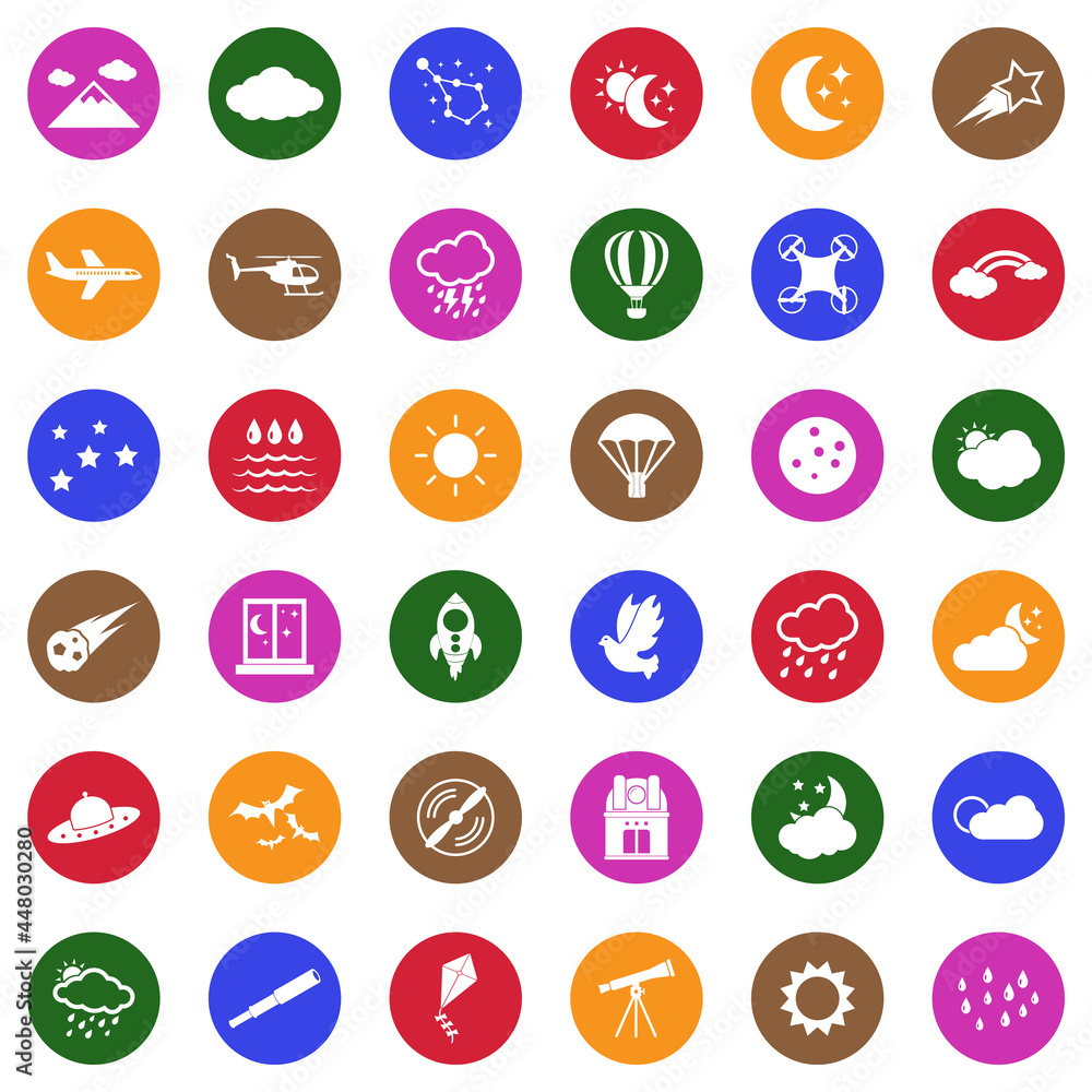 Sky Icons. White Flat Design In Circle. Vector Illustration. Sky Icons. White Flat Design In Circle. Vector Illustration.