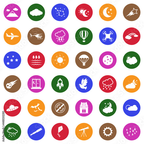 Sky Icons. White Flat Design In Circle. Vector Illustration.