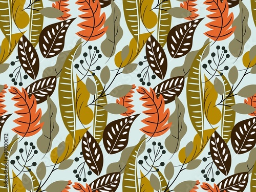 Painted plant leaves on a light background. Abstract tropical leaves and berries. Creative botanical print, texture, template for fashion fabrics, interior design, covers, wallpapers... Vector.