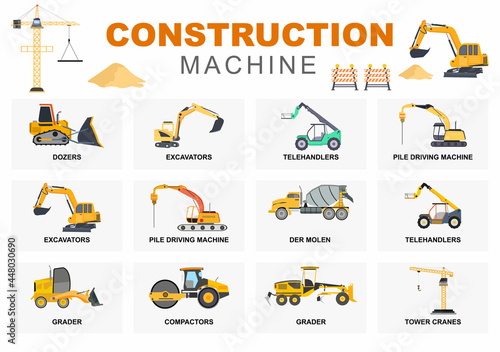 Set Construction Machine of Real Estate Vector illustration. There Are Various Types Of Truck, Heavy Equipment Car, Road Signs And Machinery