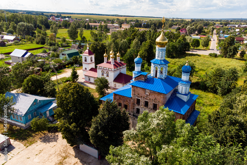 Top view of ancient Orthodox churches in the village of Trubino. Zhukovsky District, Kaluzhskiy Region, Russia